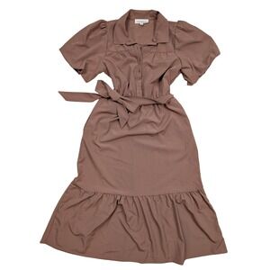 Lucky Brand Mauve Bubble Sleeve Button Up Belted Shirt Dress Women's Size Small